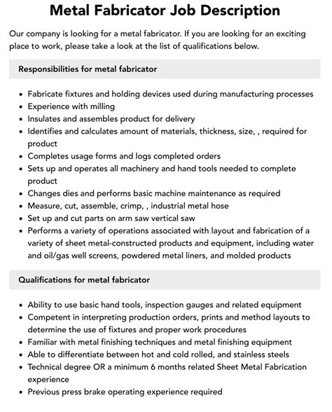 metal fabrication job duties|fabricator job responsibilities.